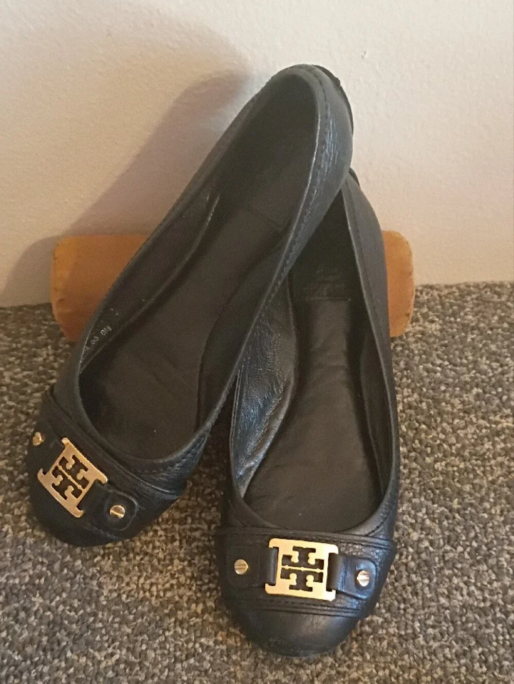 Tory Burch Black Leather Flats with Gold Logo Accent